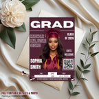 Graduation Announcement Invitation, Woman Senior Grad Party Invite with photo, Female College Graduates with QR Code Magazine Cover Template