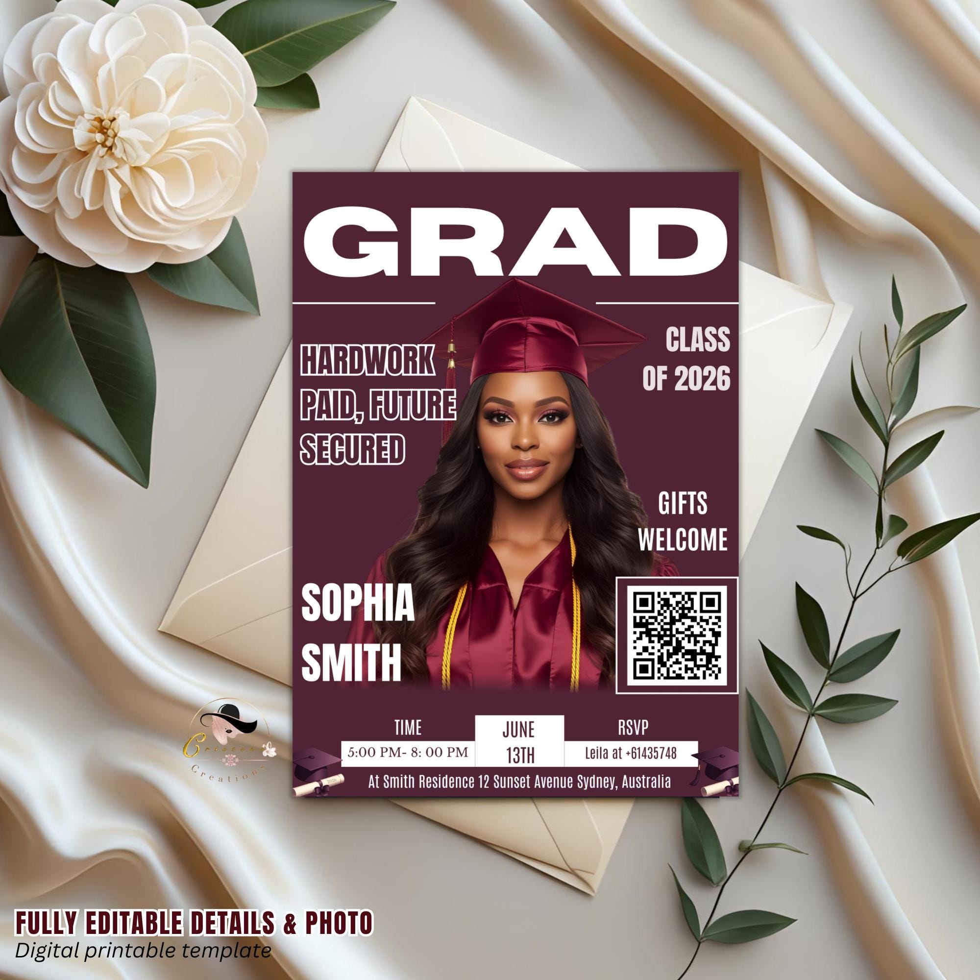 Graduation Announcement Invitation, Woman Senior Grad Party Invite with photo, Female College Graduates with QR Code Magazine Cover Template