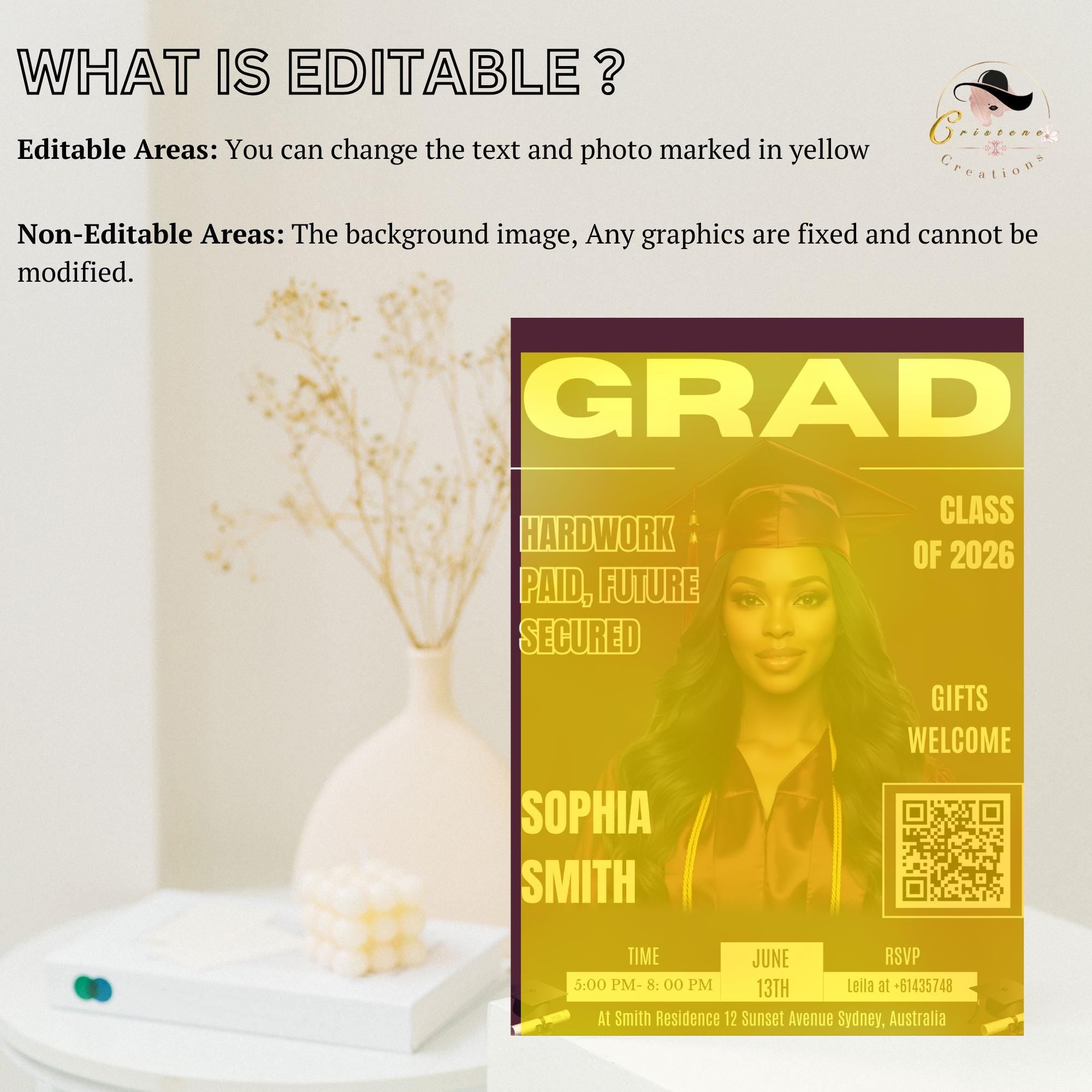 Graduation Announcement Invitation, Woman Senior Grad Party Invite with photo, Female College Graduates with QR Code Magazine Cover Template