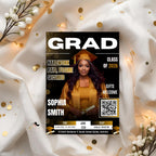 Black gold Graduation Party Invitation, Senior Grad Announcement Invite with photo, University Graduate with QR Code Magazine Cover Template
