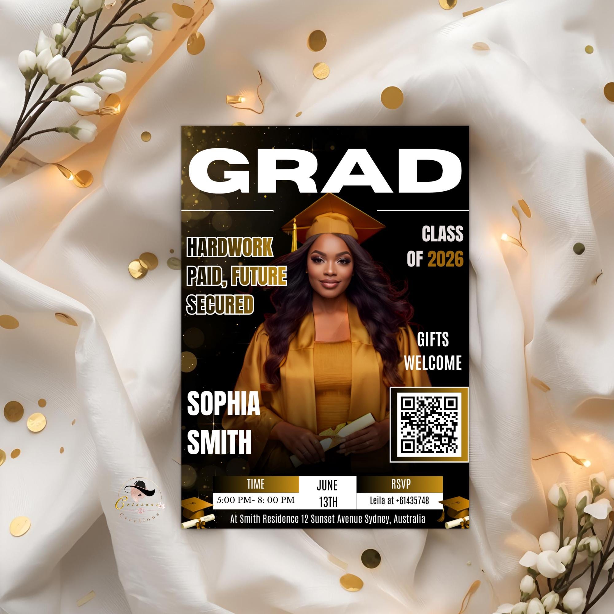 Black gold Graduation Party Invitation, Senior Grad Announcement Invite with photo, University Graduate with QR Code Magazine Cover Template