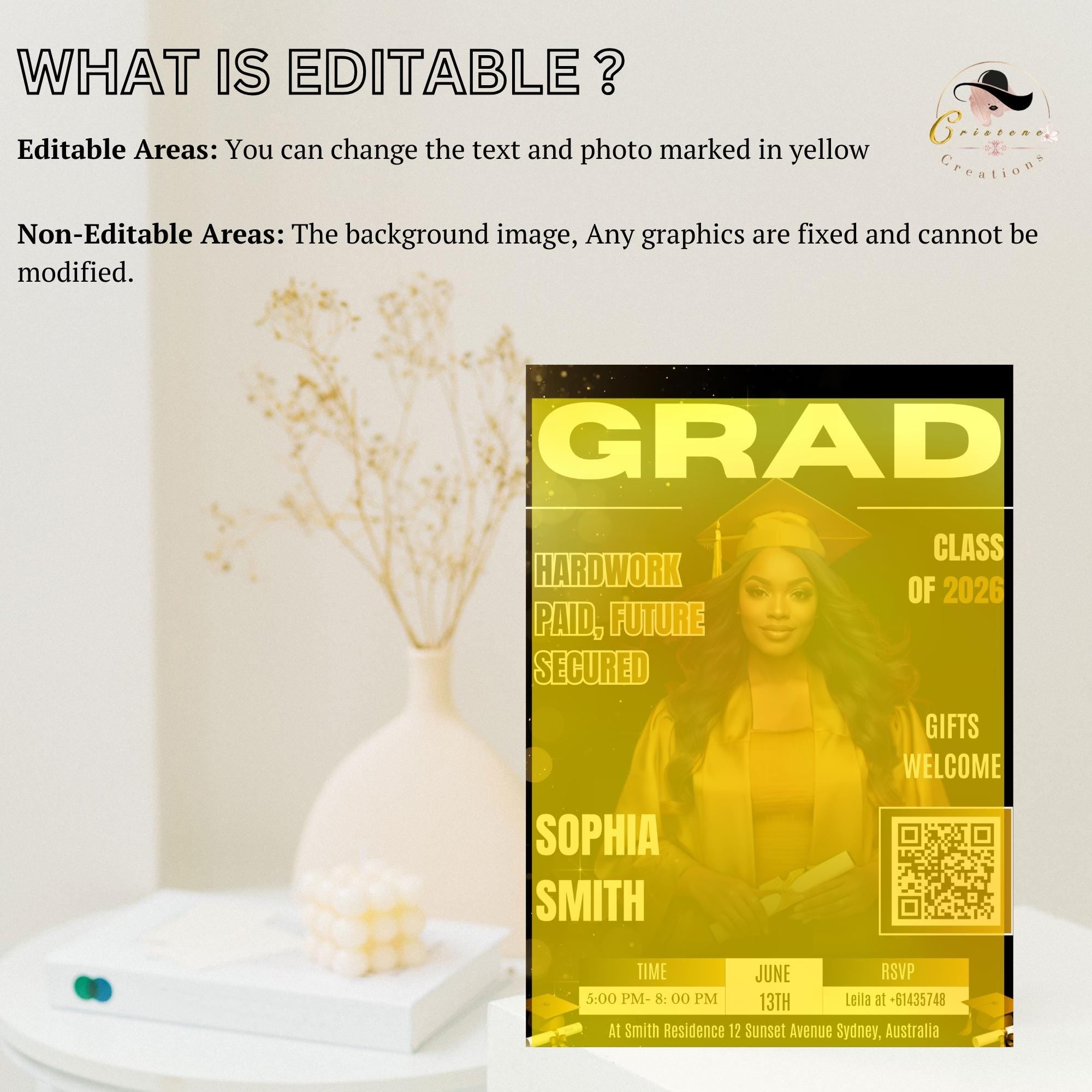 Black gold Graduation Party Invitation, Senior Grad Announcement Invite with photo, University Graduate with QR Code Magazine Cover Template