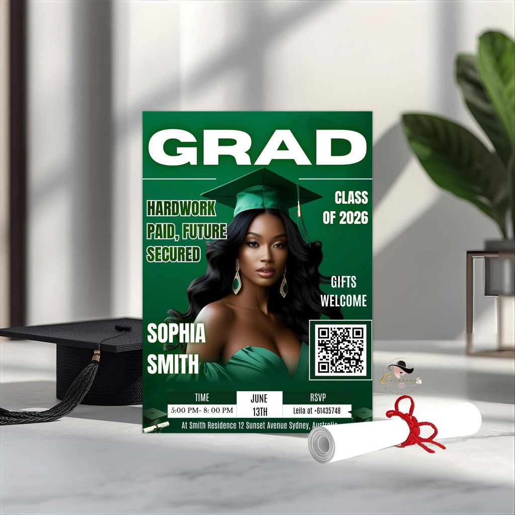 Green Graduation Party Invitation, Girl Senior Grad Announcement Invite with photo, University Graduate with QR Code Magazine Cover Template