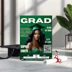 Green Graduation Party Invitation, Girl Senior Grad Announcement Invite with photo, University Graduate with QR Code Magazine Cover Template