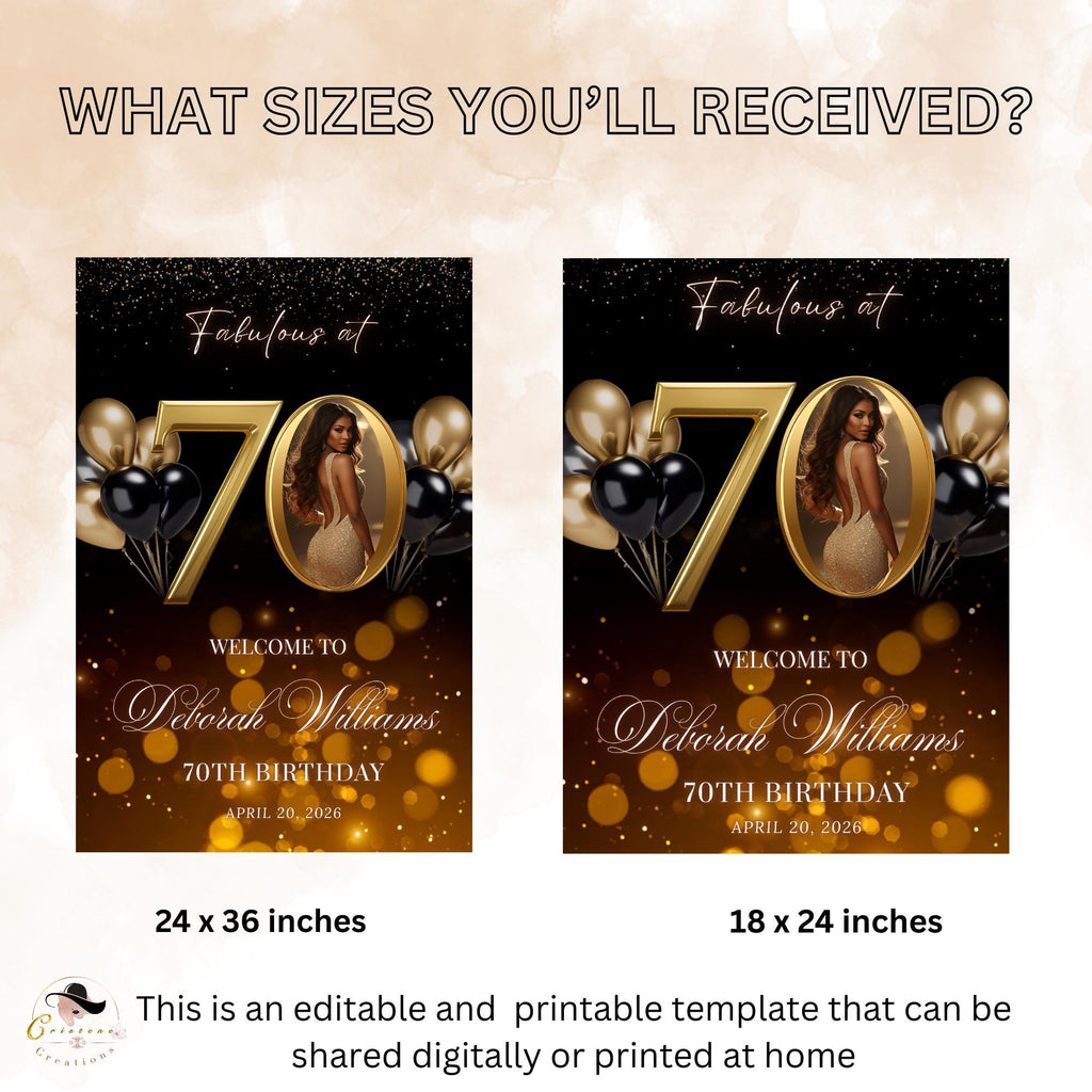 Black Gold 70th Birthday Welcome Party Sign, Dinner Entry Poster Sign with photo, 70 and Fabulous Welcome Board Sign, Woman and Men Template