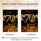 Black Gold 70th Birthday Welcome Party Sign, Dinner Entry Poster Sign with photo, 70 and Fabulous Welcome Board Sign, Woman and Men Template