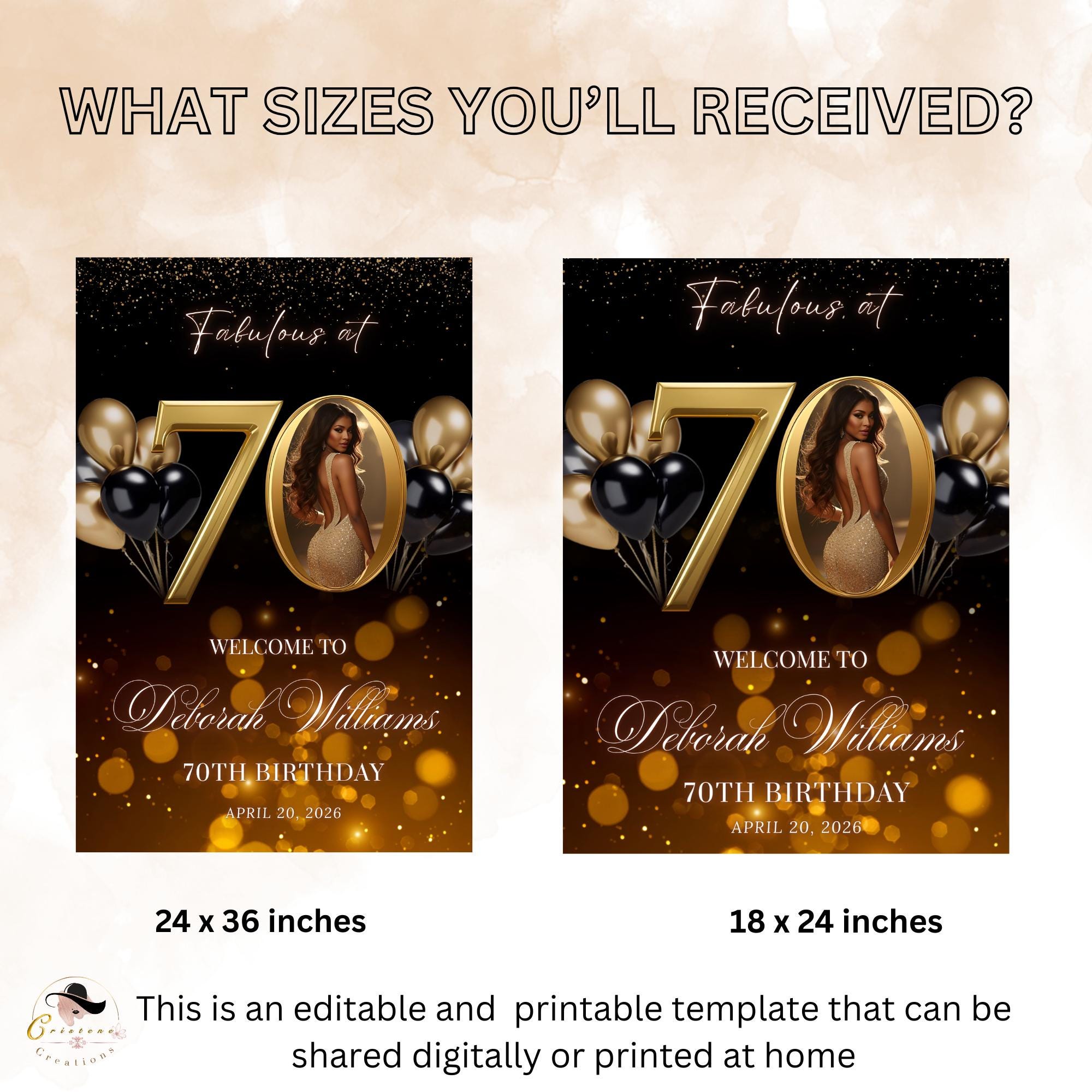 Black Gold 70th Birthday Welcome Party Sign, Dinner Entry Poster Sign with photo, 70 and Fabulous Welcome Board Sign, Woman and Men Template