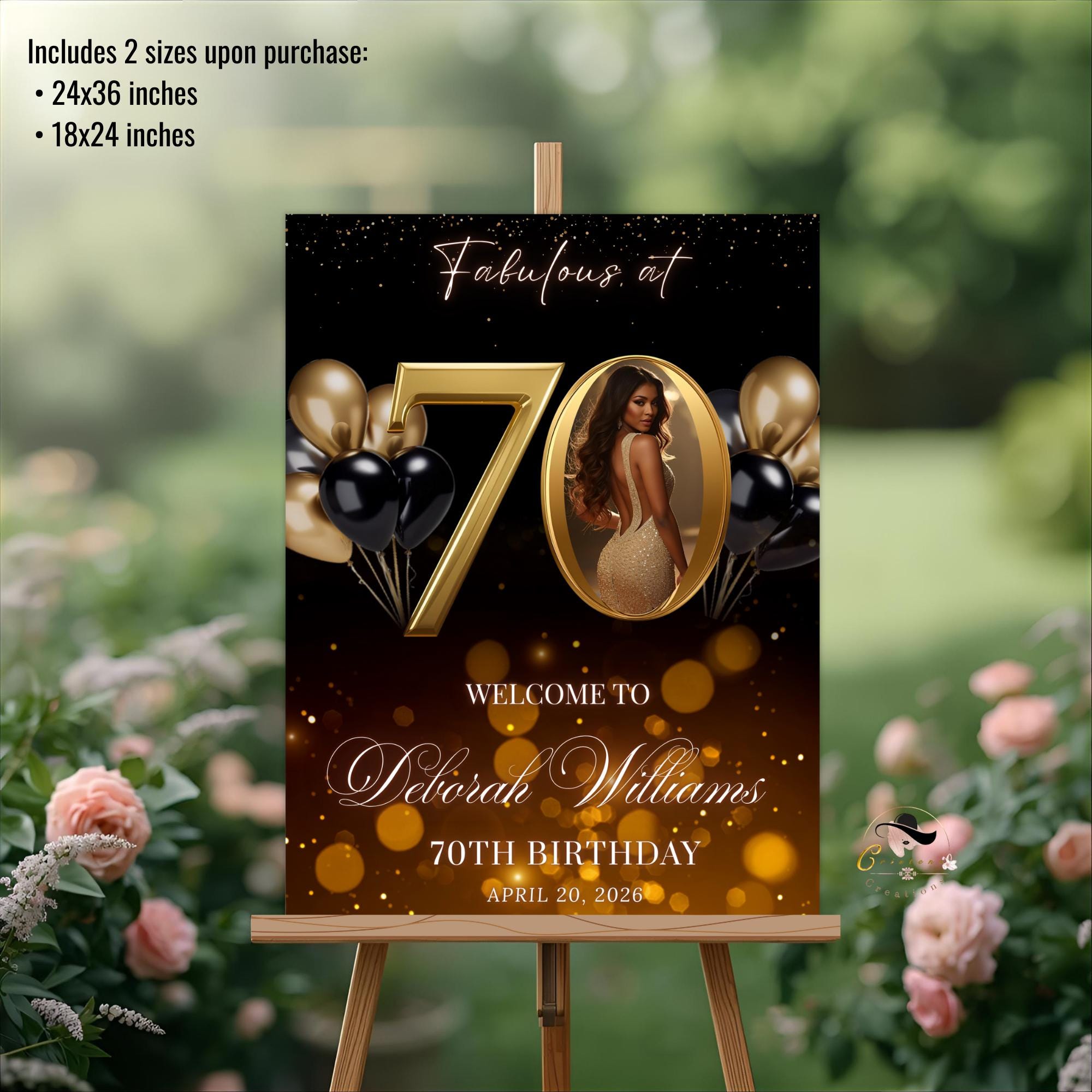Black Gold 70th Birthday Welcome Party Sign, Dinner Entry Poster Sign with photo, 70 and Fabulous Welcome Board Sign, Woman and Men Template