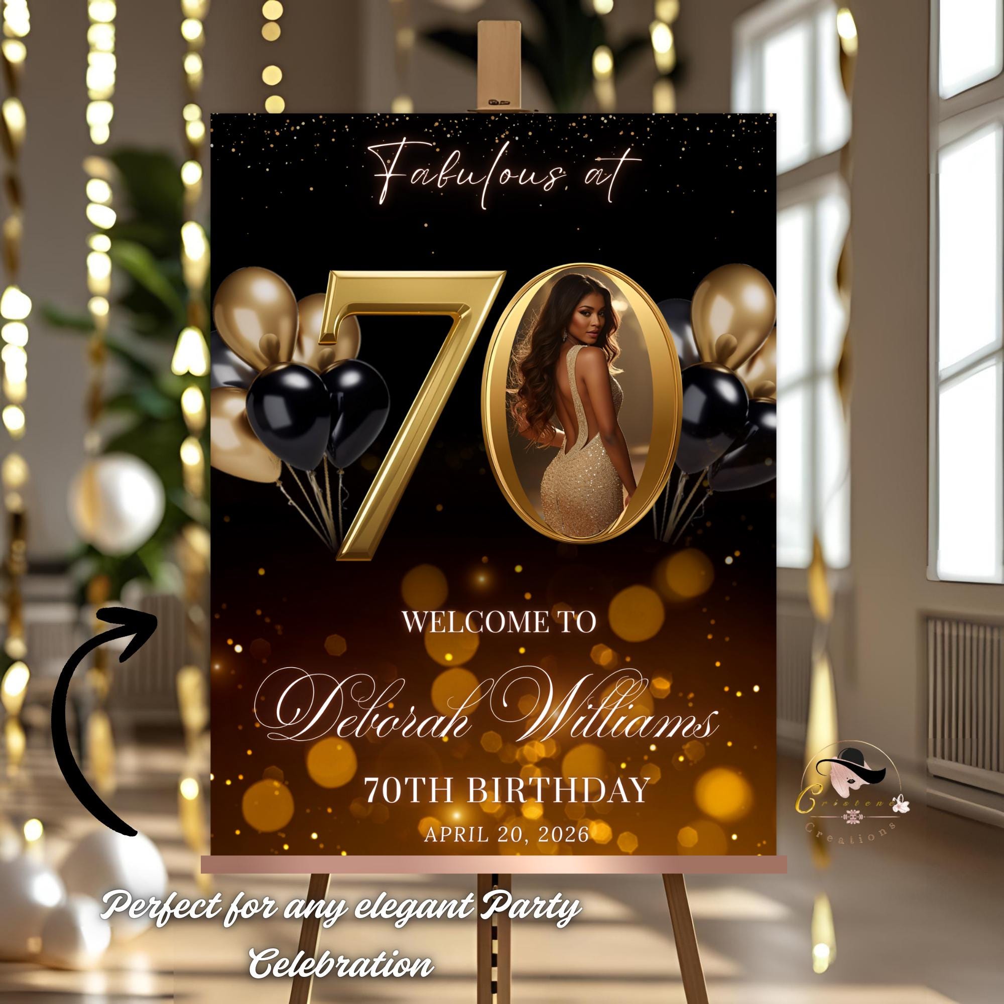 Black Gold 70th Birthday Welcome Party Sign, Dinner Entry Poster Sign with photo, 70 and Fabulous Welcome Board Sign, Woman and Men Template