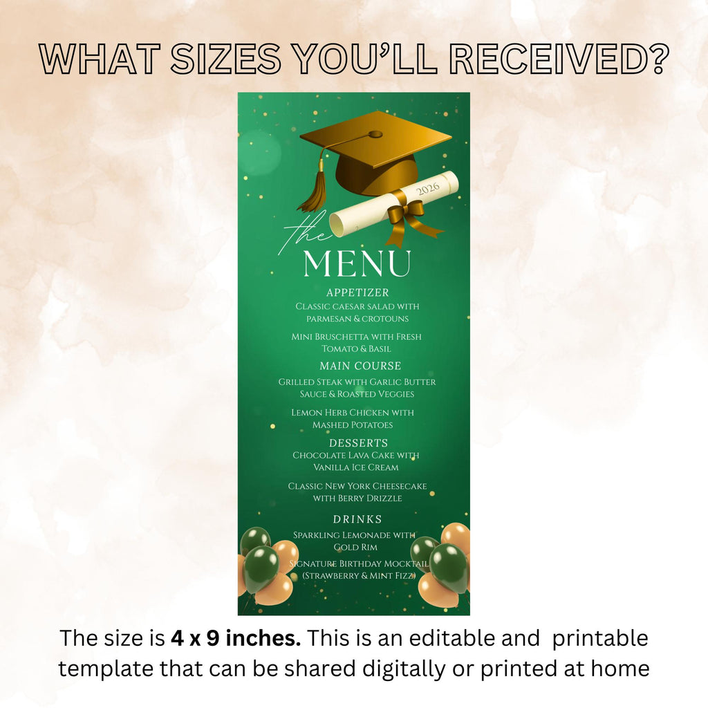 Green Gold Graduation Dinner Menu, Senior Grad Party Menu, Commencement Menu, Class 2026 University Graduates Brunch Menu Printable Template