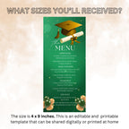 Green Gold Graduation Dinner Menu, Senior Grad Party Menu, Commencement Menu, Class 2026 University Graduates Brunch Menu Printable Template