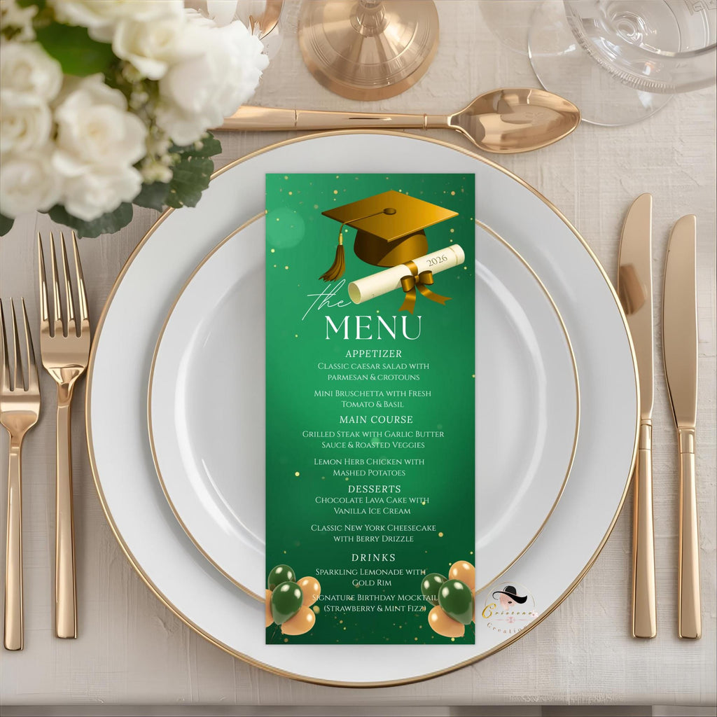 Green Gold Graduation Dinner Menu, Senior Grad Party Menu, Commencement Menu, Class 2026 University Graduates Brunch Menu Printable Template