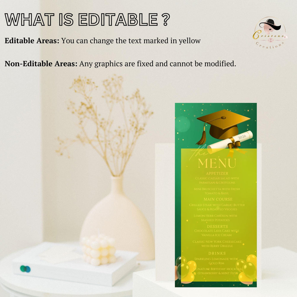 Green Gold Graduation Dinner Menu, Senior Grad Party Menu, Commencement Menu, Class 2026 University Graduates Brunch Menu Printable Template
