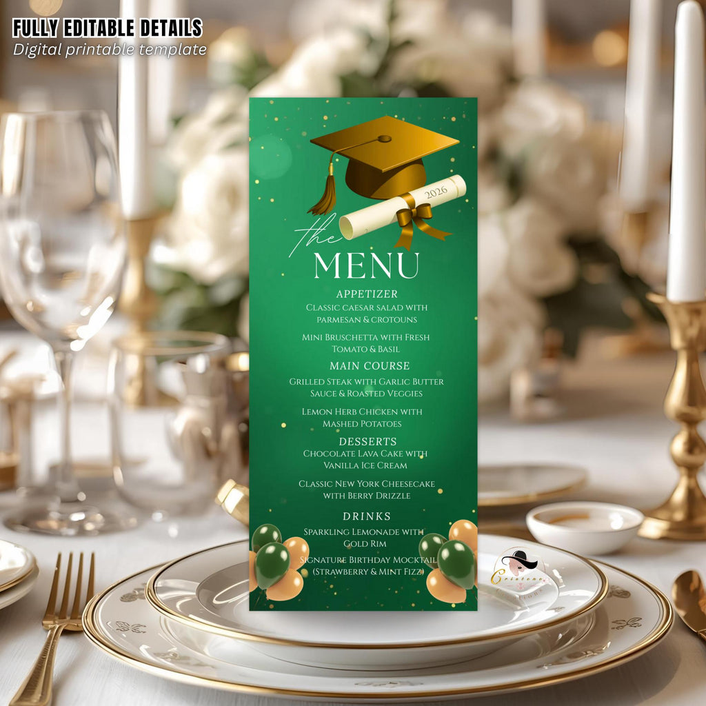 Green Gold Graduation Dinner Menu, Senior Grad Party Menu, Commencement Menu, Class 2026 University Graduates Brunch Menu Printable Template