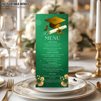 Green Gold Graduation Dinner Menu, Senior Grad Party Menu, Commencement Menu, Class 2026 University Graduates Brunch Menu Printable Template