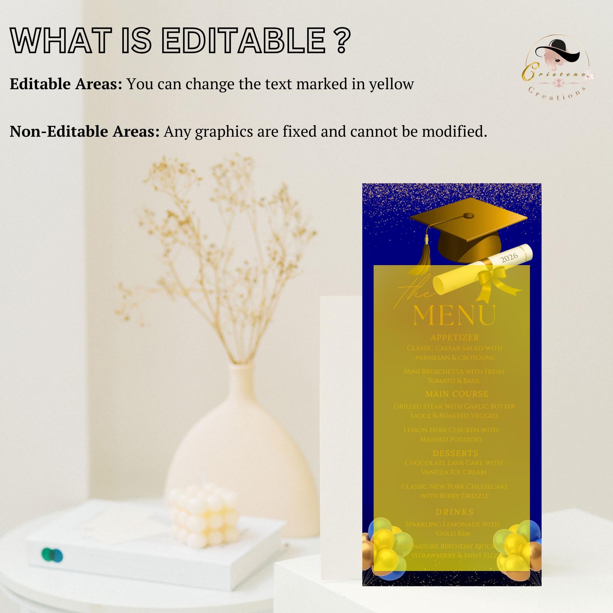 Graduation Party Menu Blue Gold Senior Grad Dinner Menu, Commencement Menu Card, 2026 College Graduates Announcement Menu Printable Template