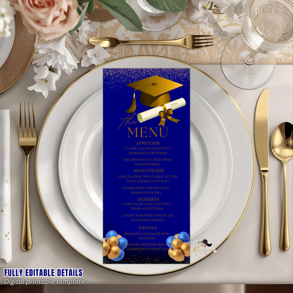 Graduation Party Menu Blue Gold Senior Grad Dinner Menu, Commencement Menu Card, 2026 College Graduates Announcement Menu Printable Template