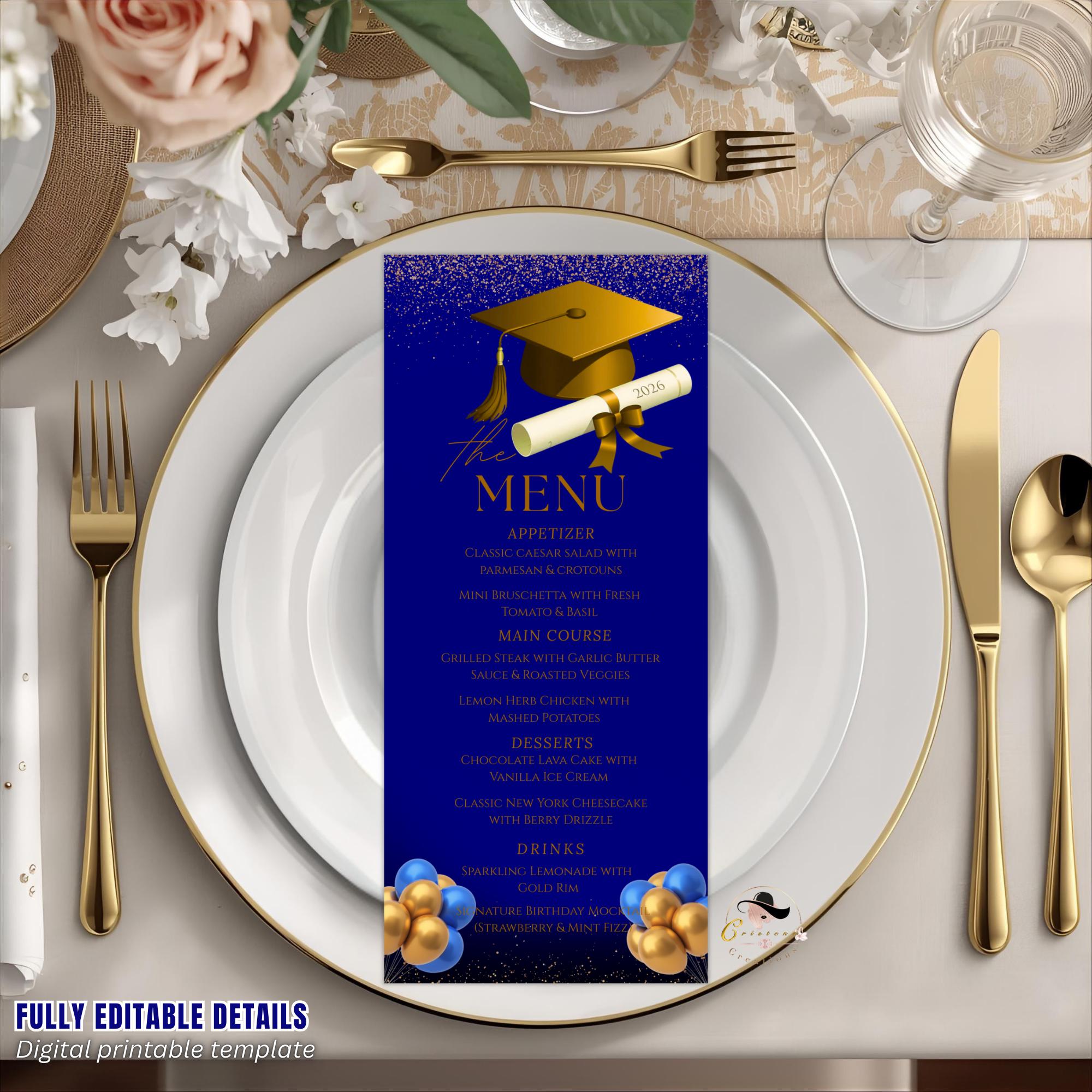 Graduation Party Menu Blue Gold Senior Grad Dinner Menu, Commencement Menu Card, 2026 College Graduates Announcement Menu Printable Template