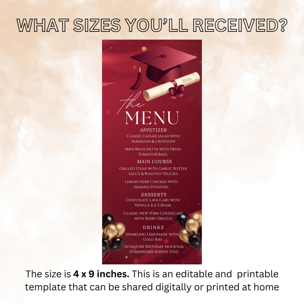 Maroon Graduation Dinner Menu, Senior Grad Party Menu, Commencement Menu, Class 2026 College Graduates Announcement Menu Printable Template