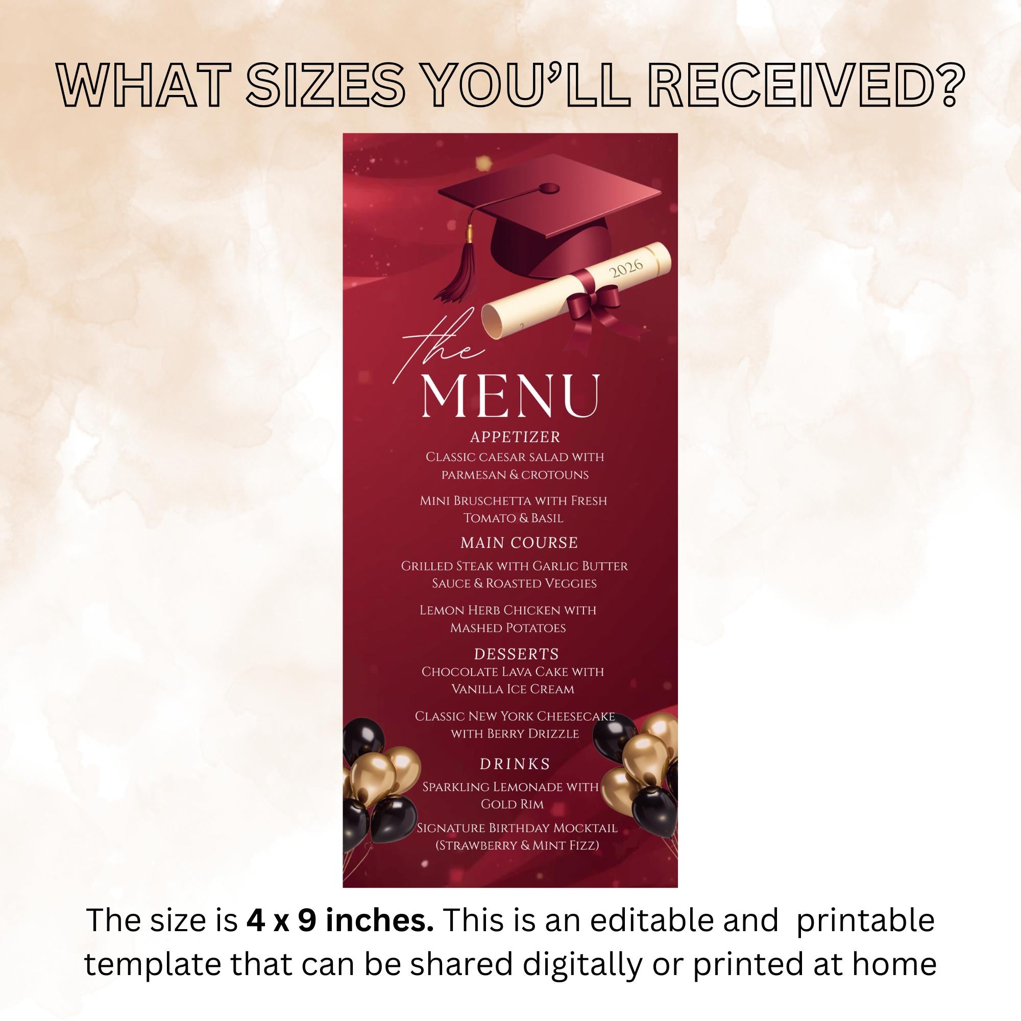 Maroon Graduation Dinner Menu, Senior Grad Party Menu, Commencement Menu, Class 2026 College Graduates Announcement Menu Printable Template