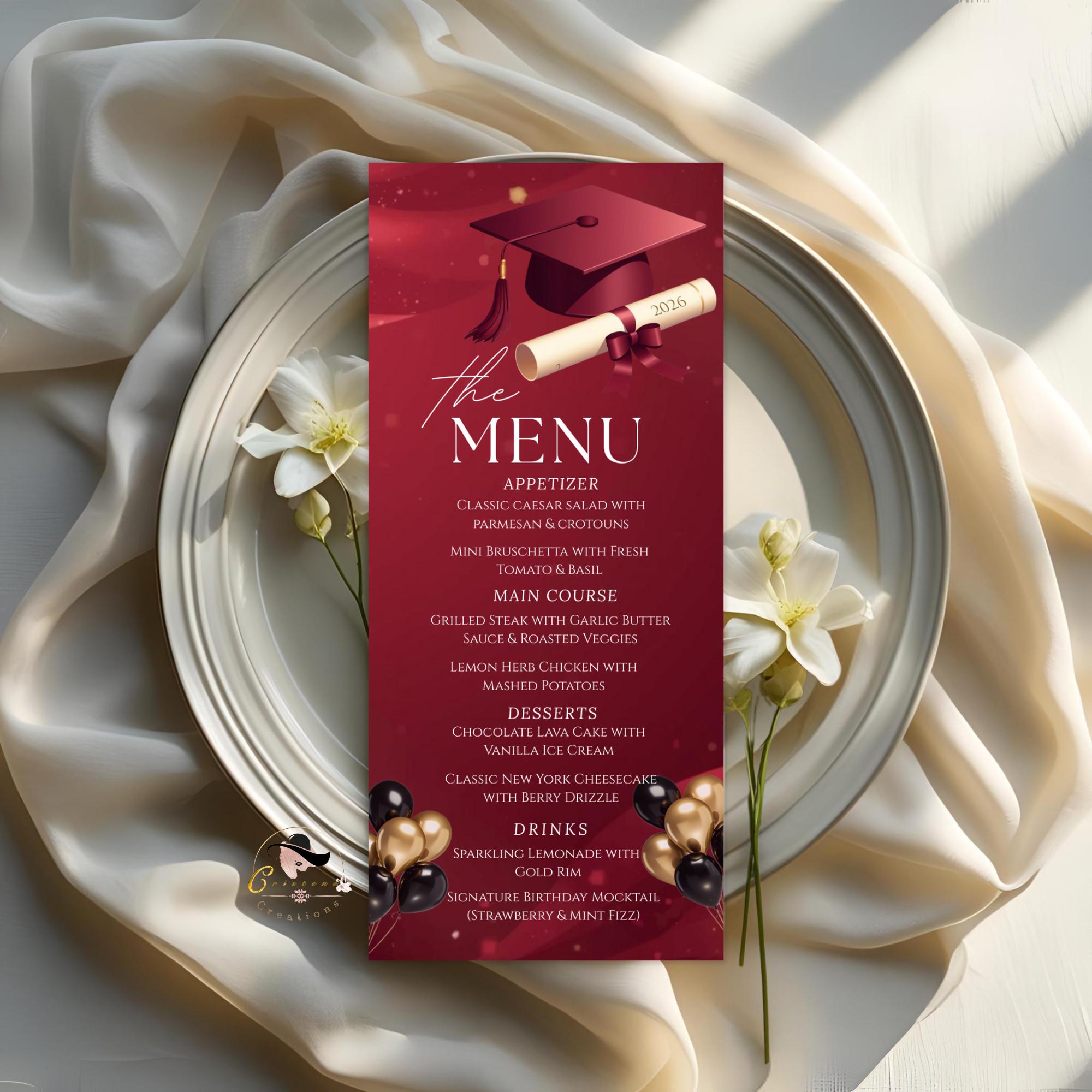Maroon Graduation Dinner Menu, Senior Grad Party Menu, Commencement Menu, Class 2026 College Graduates Announcement Menu Printable Template