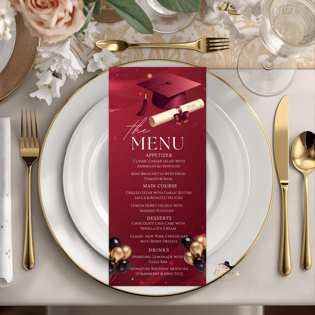 Maroon Graduation Dinner Menu, Senior Grad Party Menu, Commencement Menu, Class 2026 College Graduates Announcement Menu Printable Template