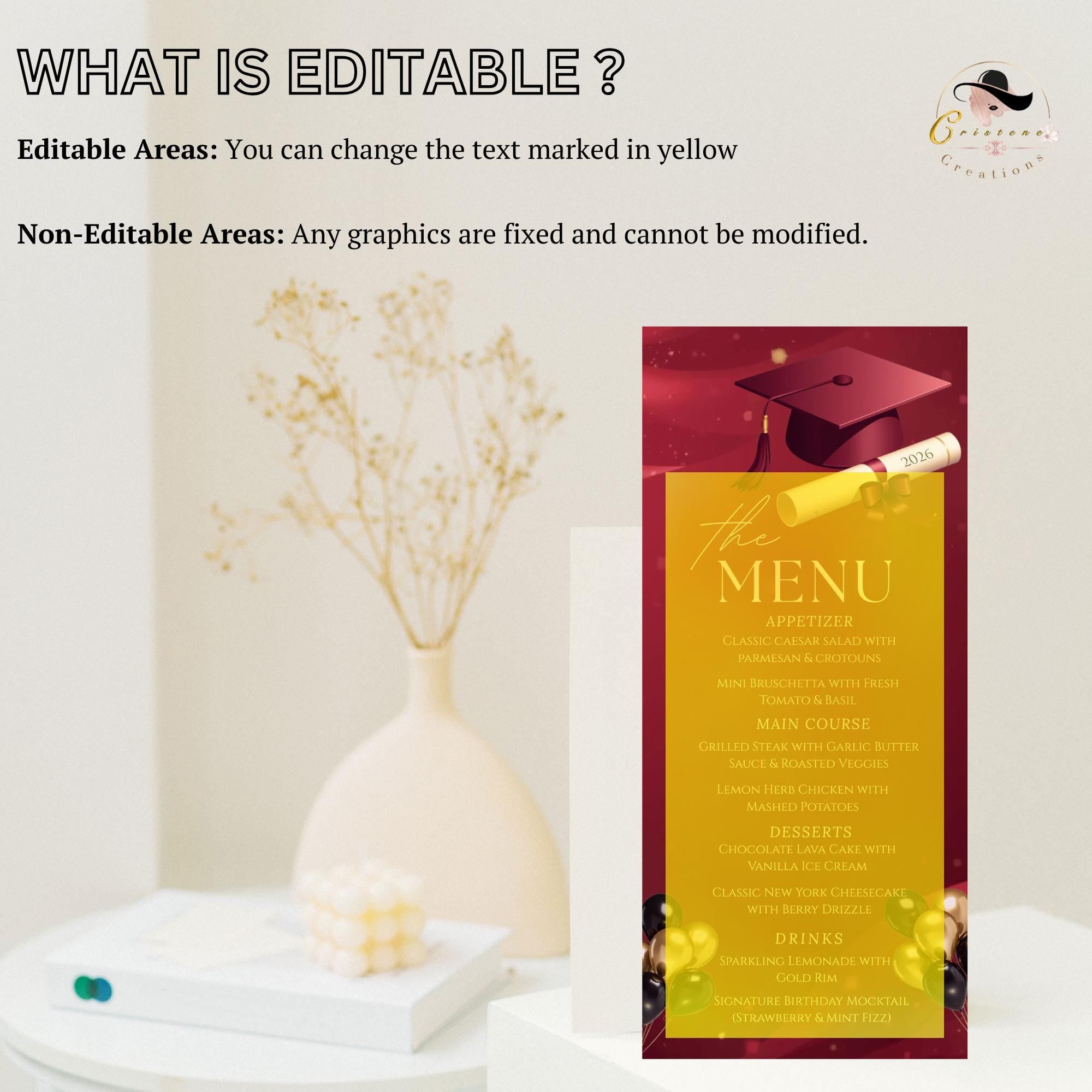 Maroon Graduation Dinner Menu, Senior Grad Party Menu, Commencement Menu, Class 2026 College Graduates Announcement Menu Printable Template