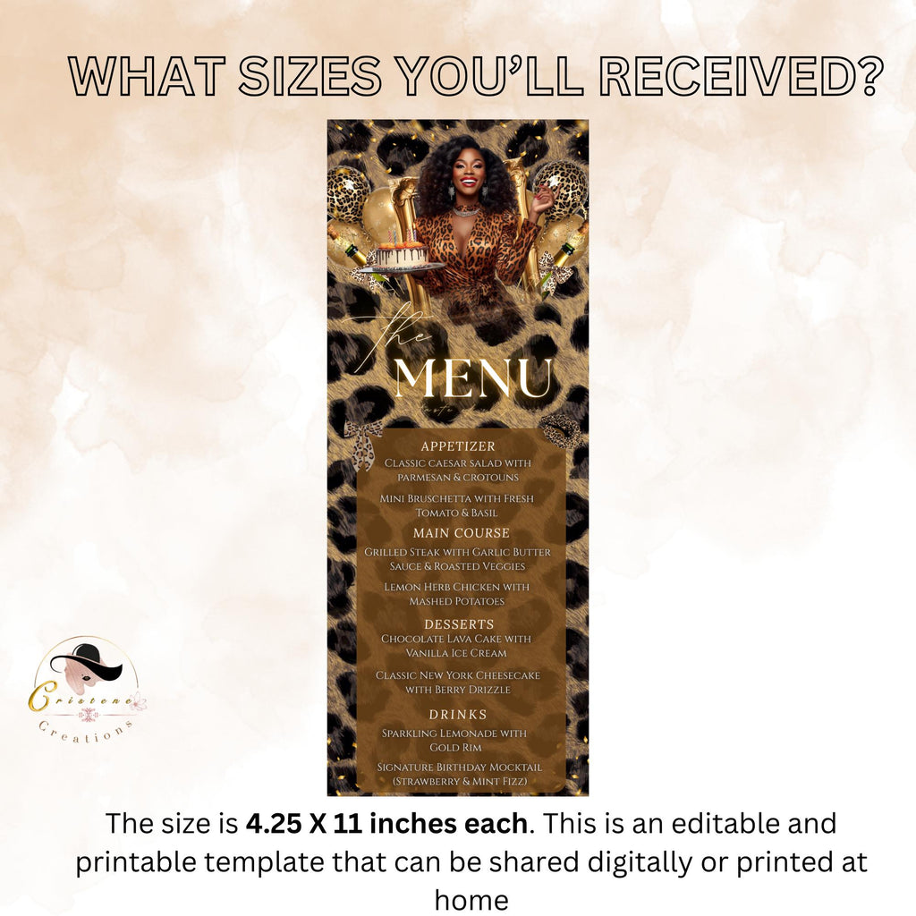 Cheetah Birthday Dinner Menu Card, Leopard Party Menu with photo, Woman Retirement Menu, Elegant Party Menu Template, Printable Event Menu