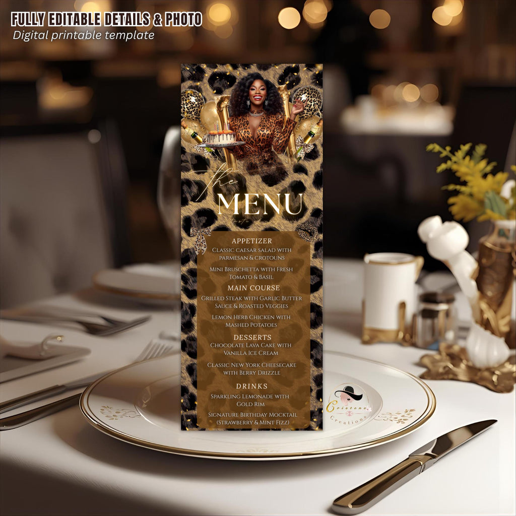Cheetah Birthday Dinner Menu Card, Leopard Party Menu with photo, Woman Retirement Menu, Elegant Party Menu Template, Printable Event Menu