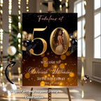 Black Gold 50th Birthday Welcome Party Sign, Dinner Entry Poster Sign with photo, 50 and Fabulous Welcome Board Sign, Woman and Men Template