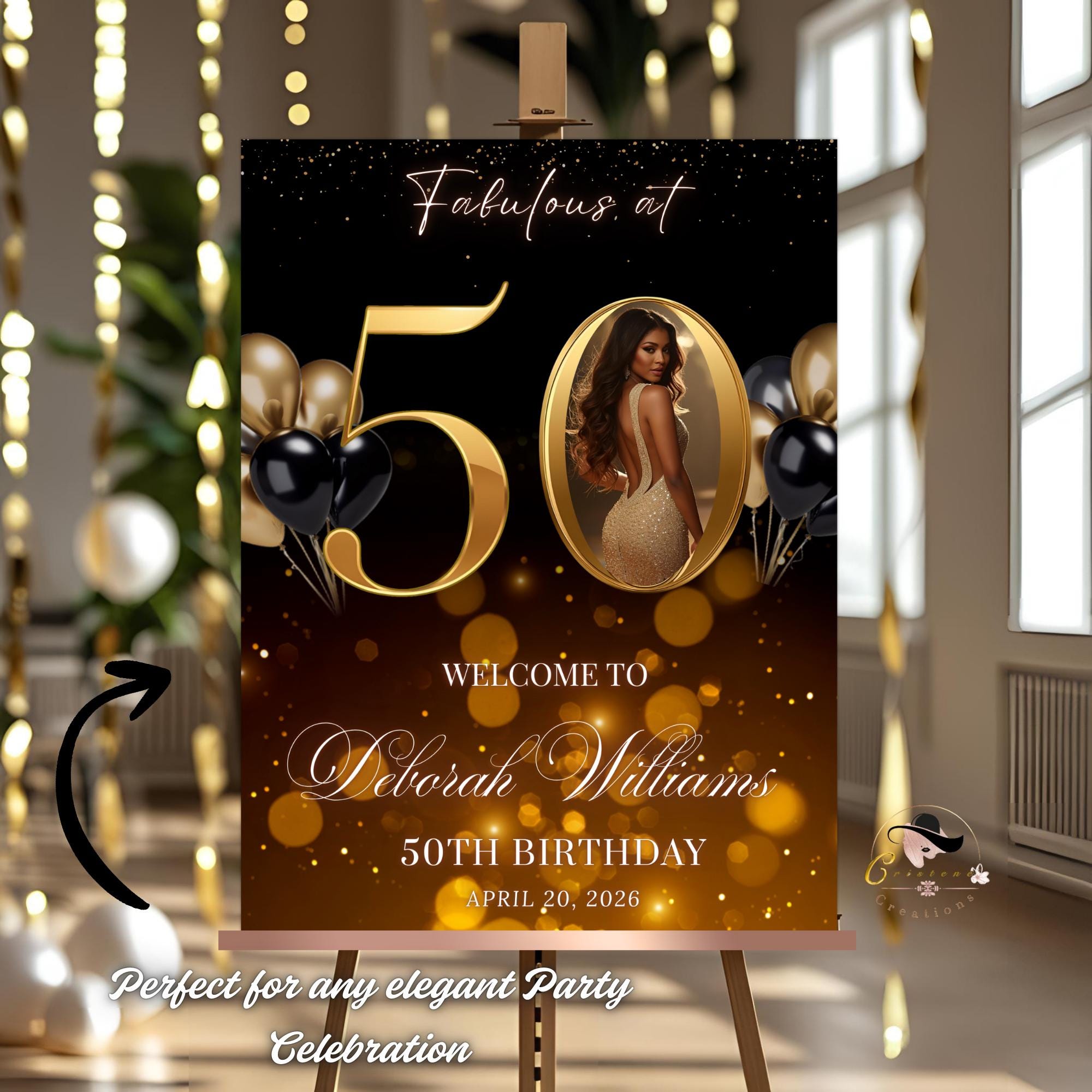 Black Gold 50th Birthday Welcome Party Sign, Dinner Entry Poster Sign with photo, 50 and Fabulous Welcome Board Sign, Woman and Men Template