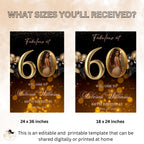 Black Gold 60th Birthday Welcome Party Sign, Dinner Entry Poster Sign with photo, 60 and Fabulous Welcome Board Sign, Men and Woman Template
