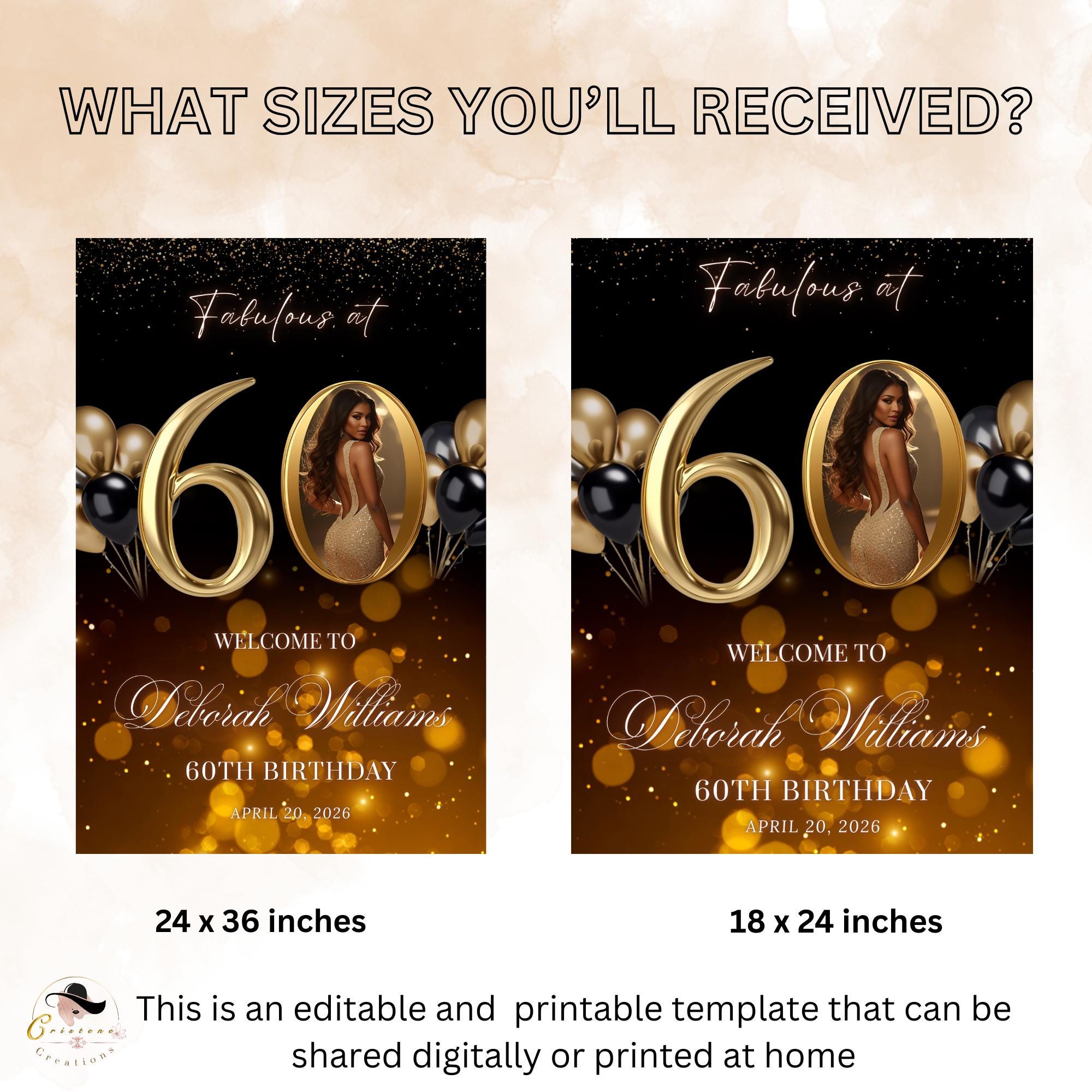 Black Gold 60th Birthday Welcome Party Sign, Dinner Entry Poster Sign with photo, 60 and Fabulous Welcome Board Sign, Men and Woman Template