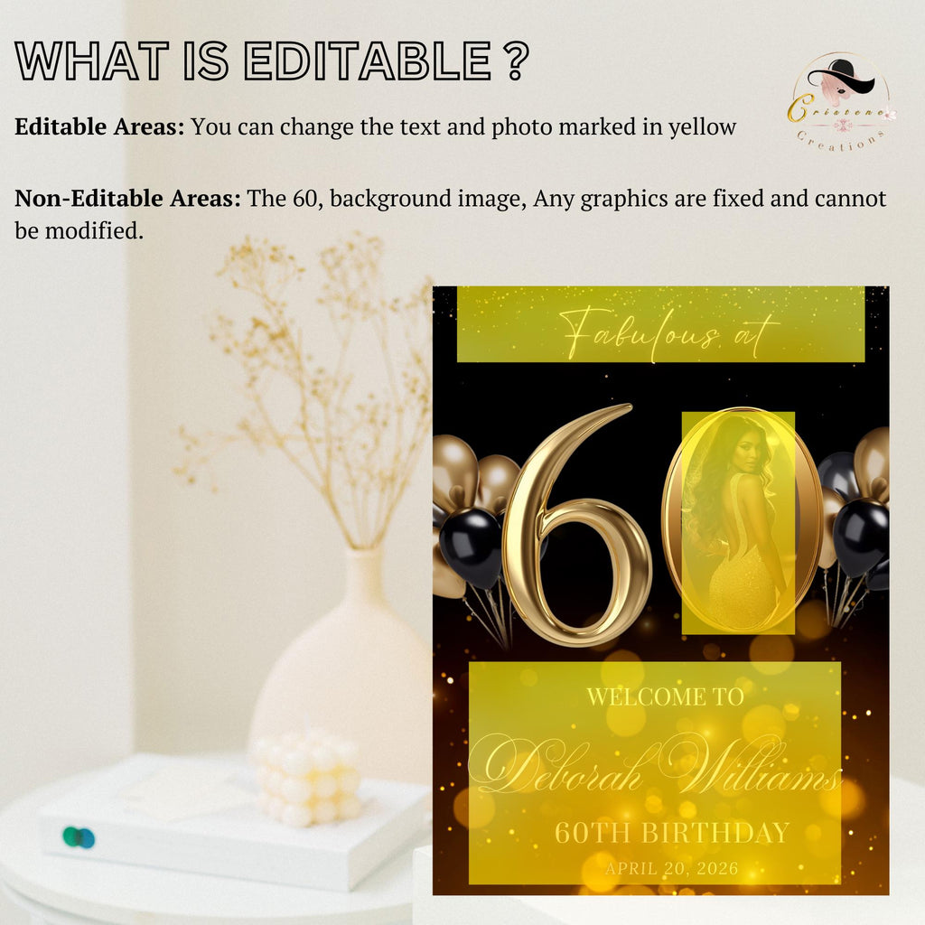 Black Gold 60th Birthday Welcome Party Sign, Dinner Entry Poster Sign with photo, 60 and Fabulous Welcome Board Sign, Men and Woman Template