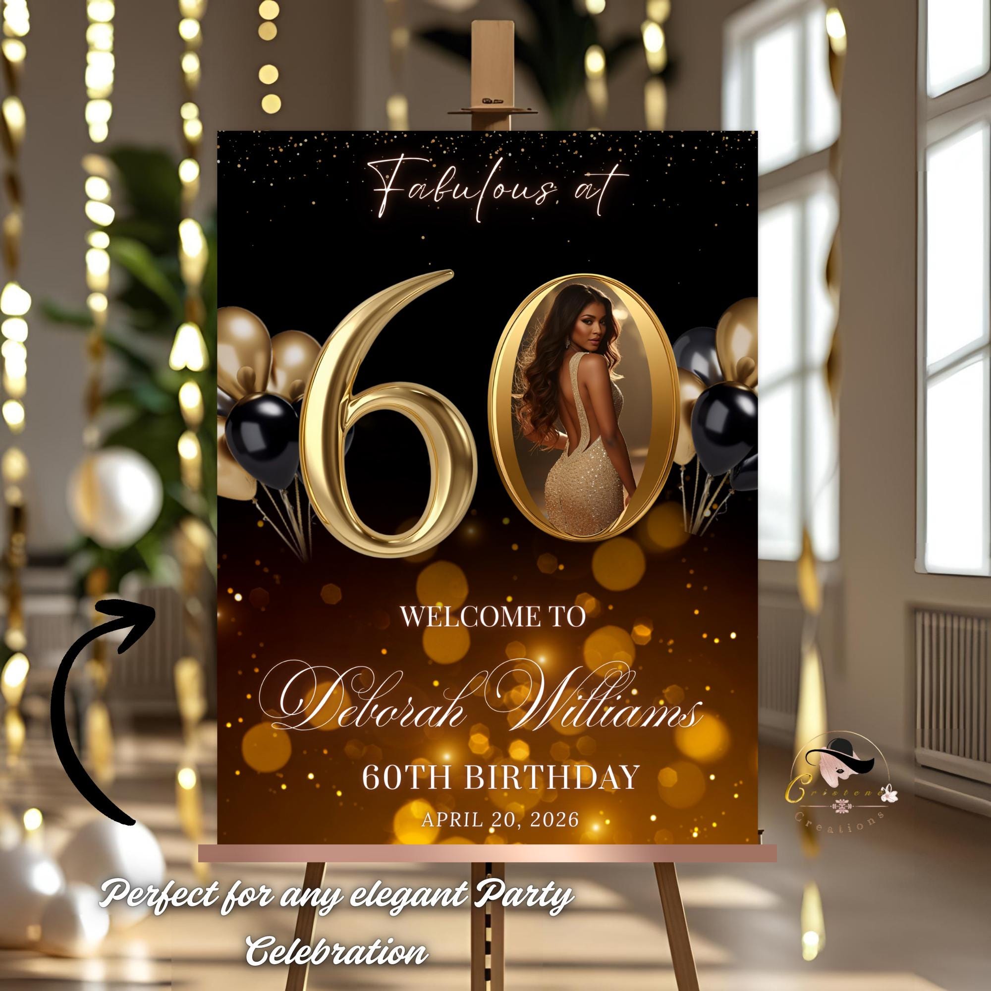 Black Gold 60th Birthday Welcome Party Sign, Dinner Entry Poster Sign with photo, 60 and Fabulous Welcome Board Sign, Men and Woman Template