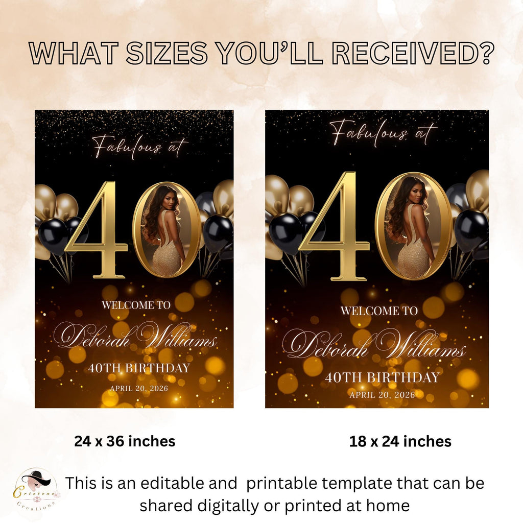 Black Gold 40th Birthday Welcome Party Sign, Dinner Entry Poster Sign with photo, Fortieth Welcome Board Sign, Woman and Men Template