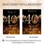 Black Gold 40th Birthday Welcome Party Sign, Dinner Entry Poster Sign with photo, Fortieth Welcome Board Sign, Woman and Men Template