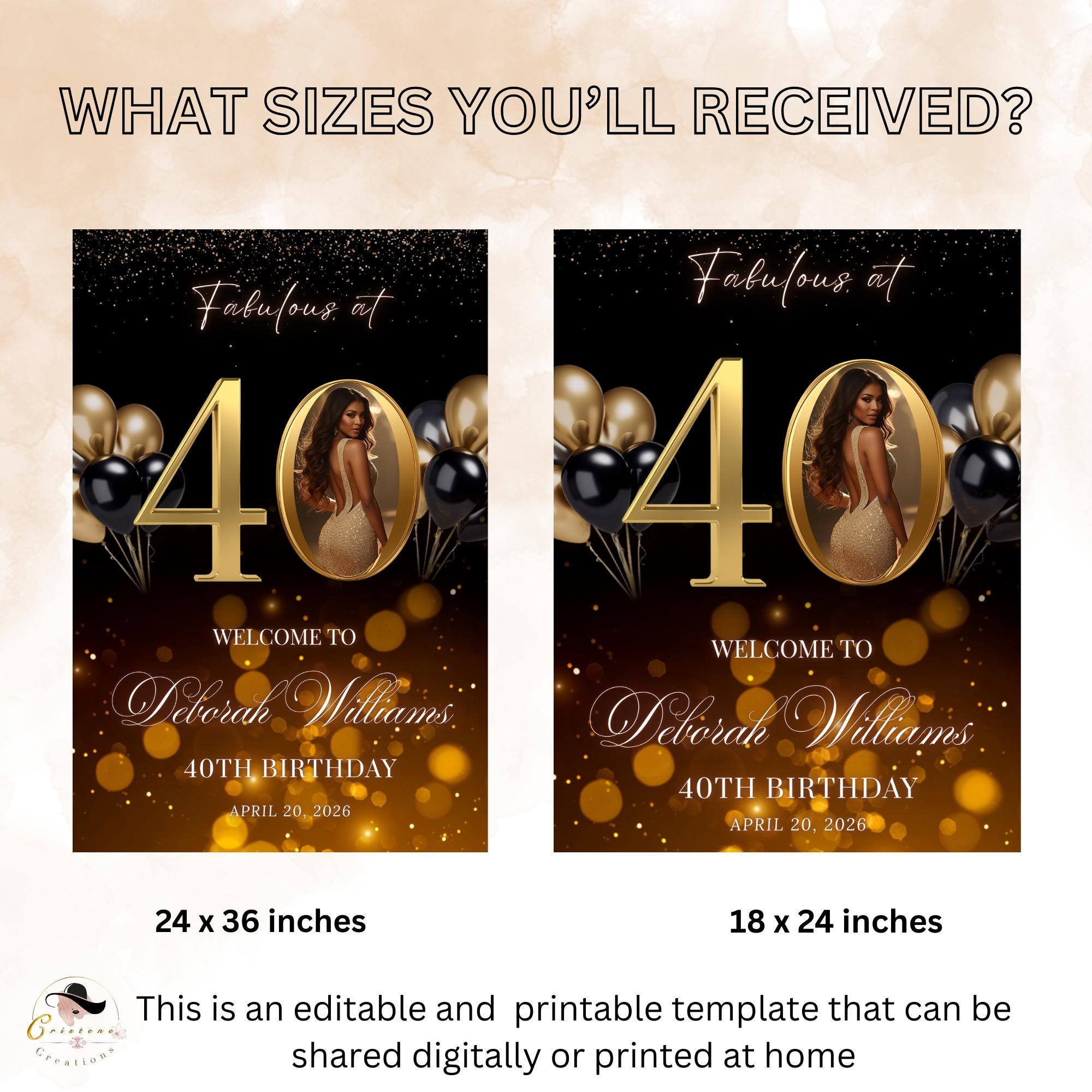 Black Gold 40th Birthday Welcome Party Sign, Dinner Entry Poster Sign with photo, Fortieth Welcome Board Sign, Woman and Men Template