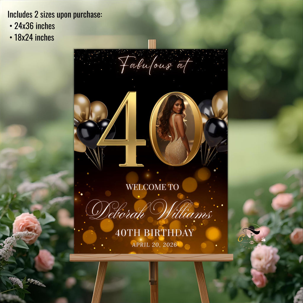 Black Gold 40th Birthday Welcome Party Sign, Dinner Entry Poster Sign with photo, Fortieth Welcome Board Sign, Woman and Men Template