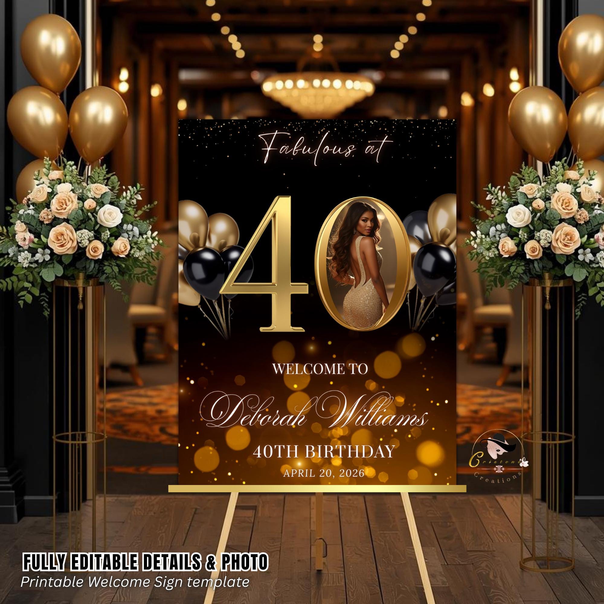 Black Gold 40th Birthday Welcome Party Sign, Dinner Entry Poster Sign with photo, Fortieth Welcome Board Sign, Woman and Men Template