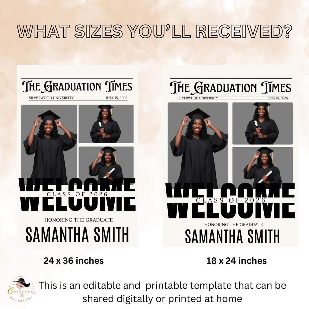 Newspaper Graduation Party Welcome Sign with photo, Senior Grad Announcement Poster Sign, University Graduates Board Sign Printable Template