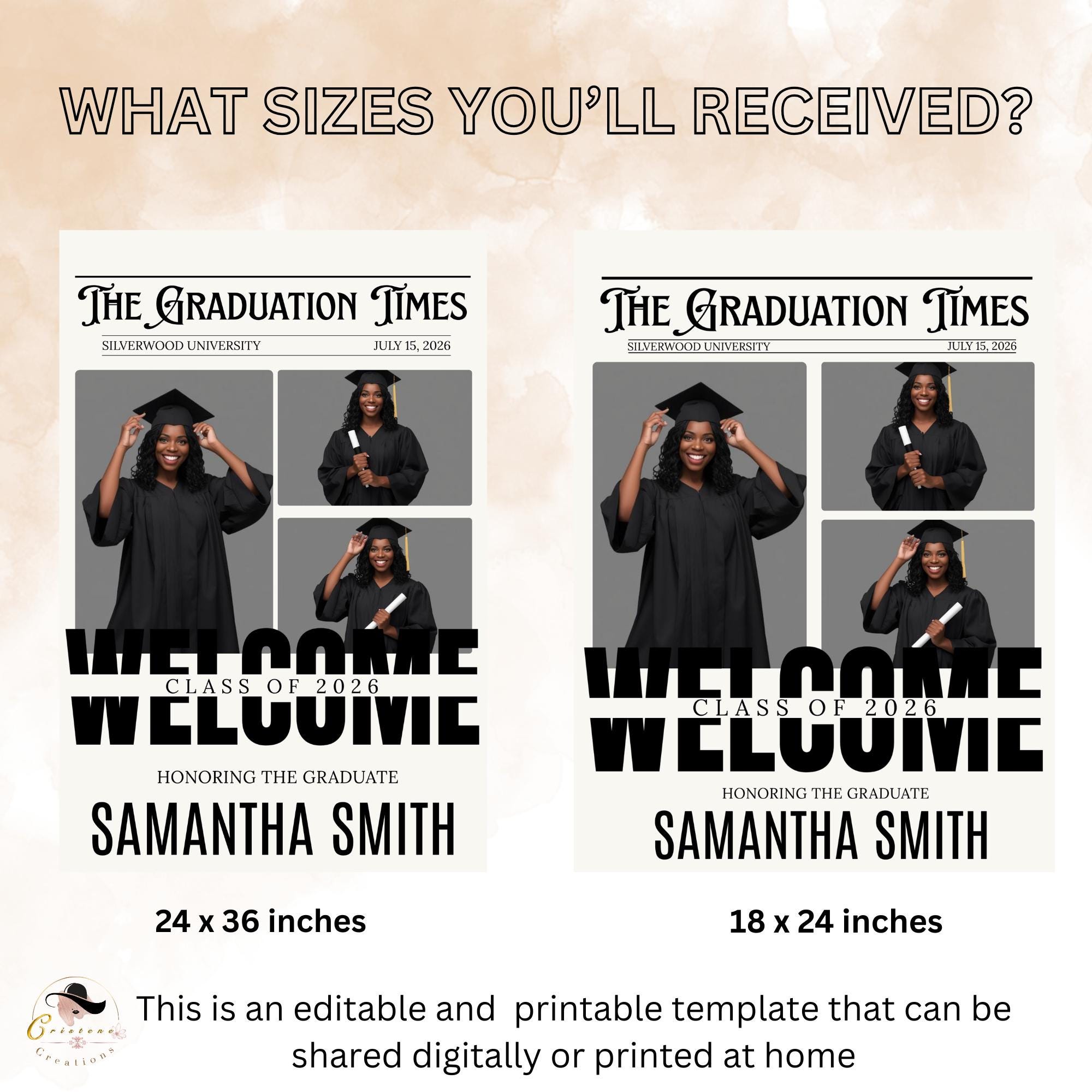 Newspaper Graduation Party Welcome Sign with photo, Senior Grad Announcement Poster Sign, University Graduates Board Sign Printable Template