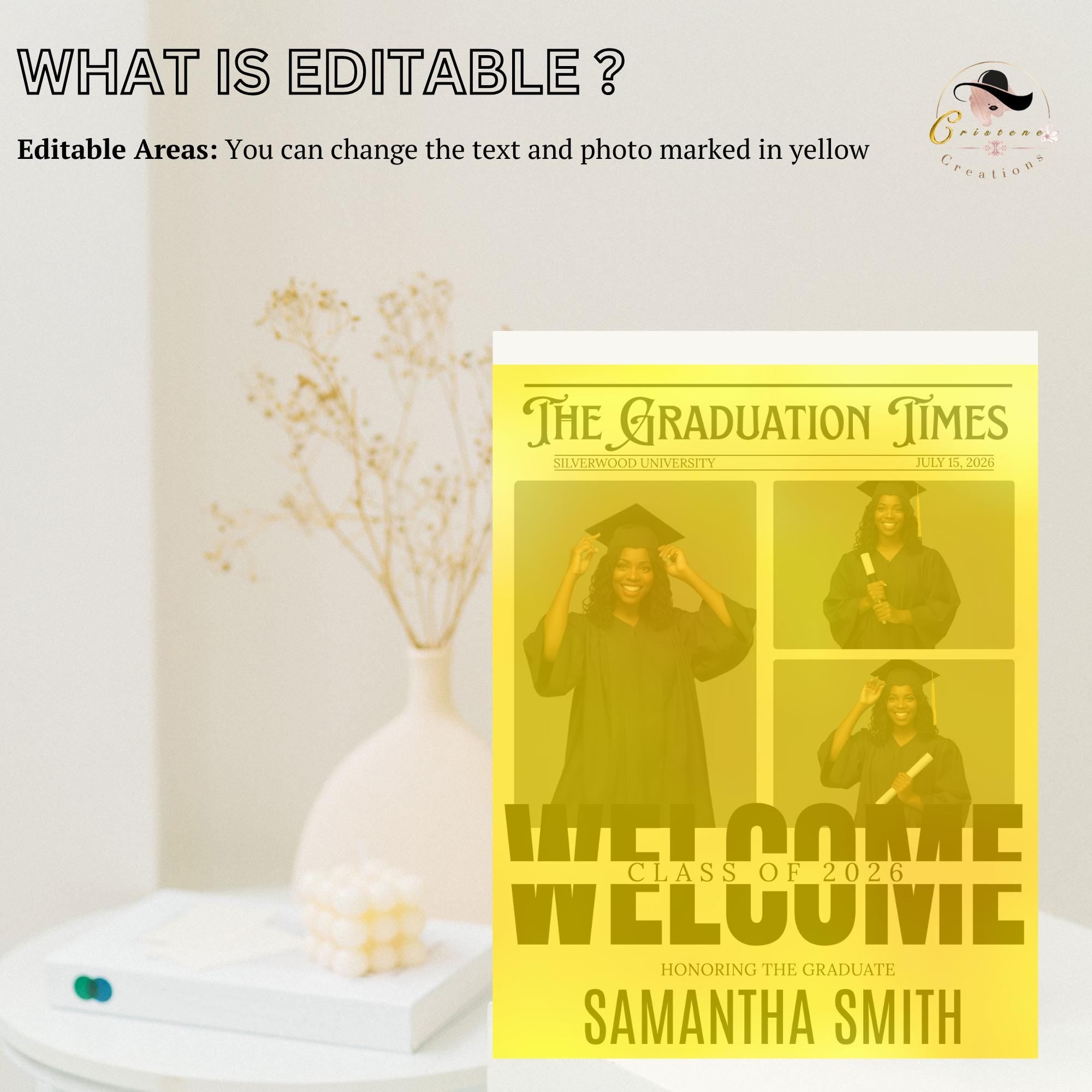 Newspaper Graduation Party Welcome Sign with photo, Senior Grad Announcement Poster Sign, University Graduates Board Sign Printable Template