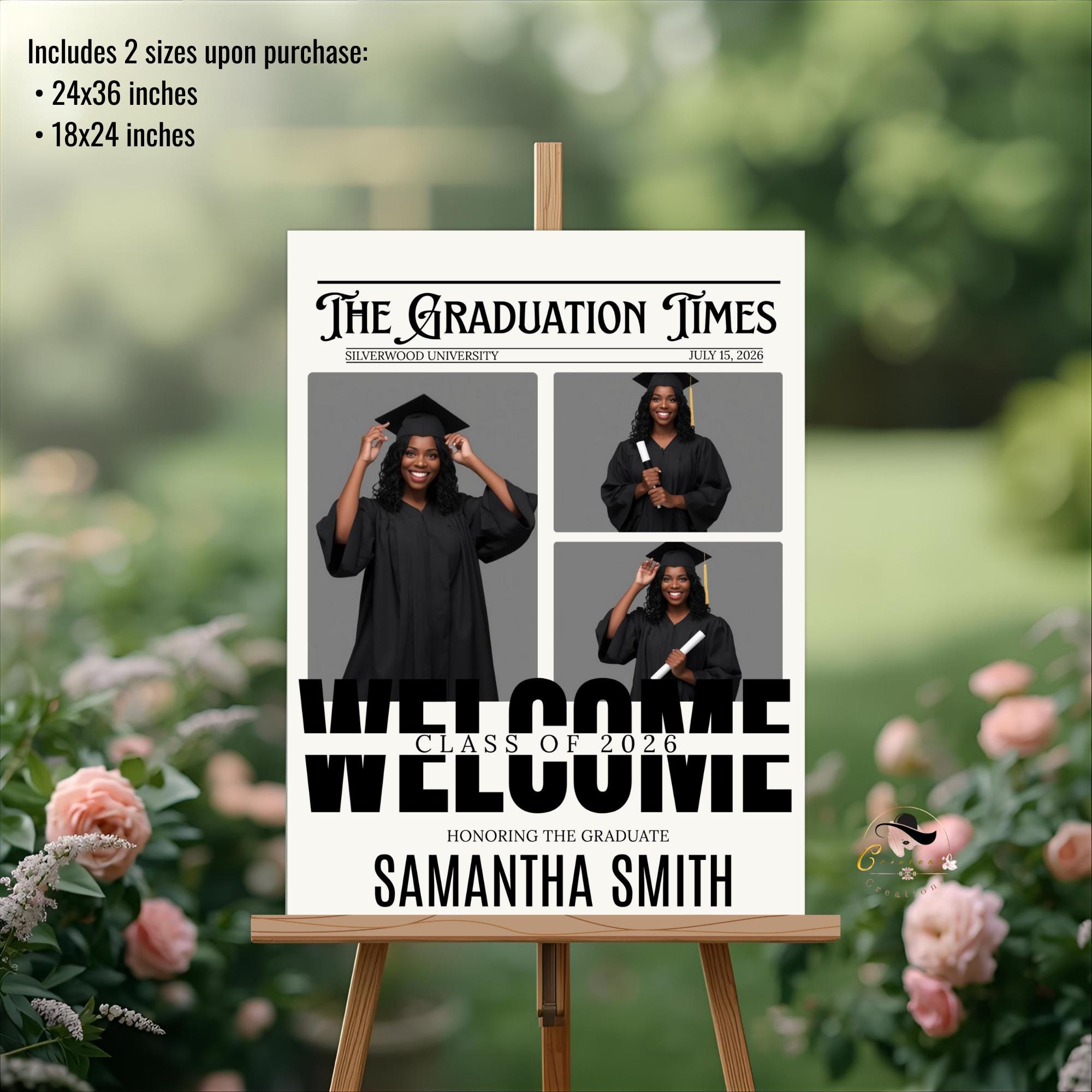 Newspaper Graduation Party Welcome Sign with photo, Senior Grad Announcement Poster Sign, University Graduates Board Sign Printable Template