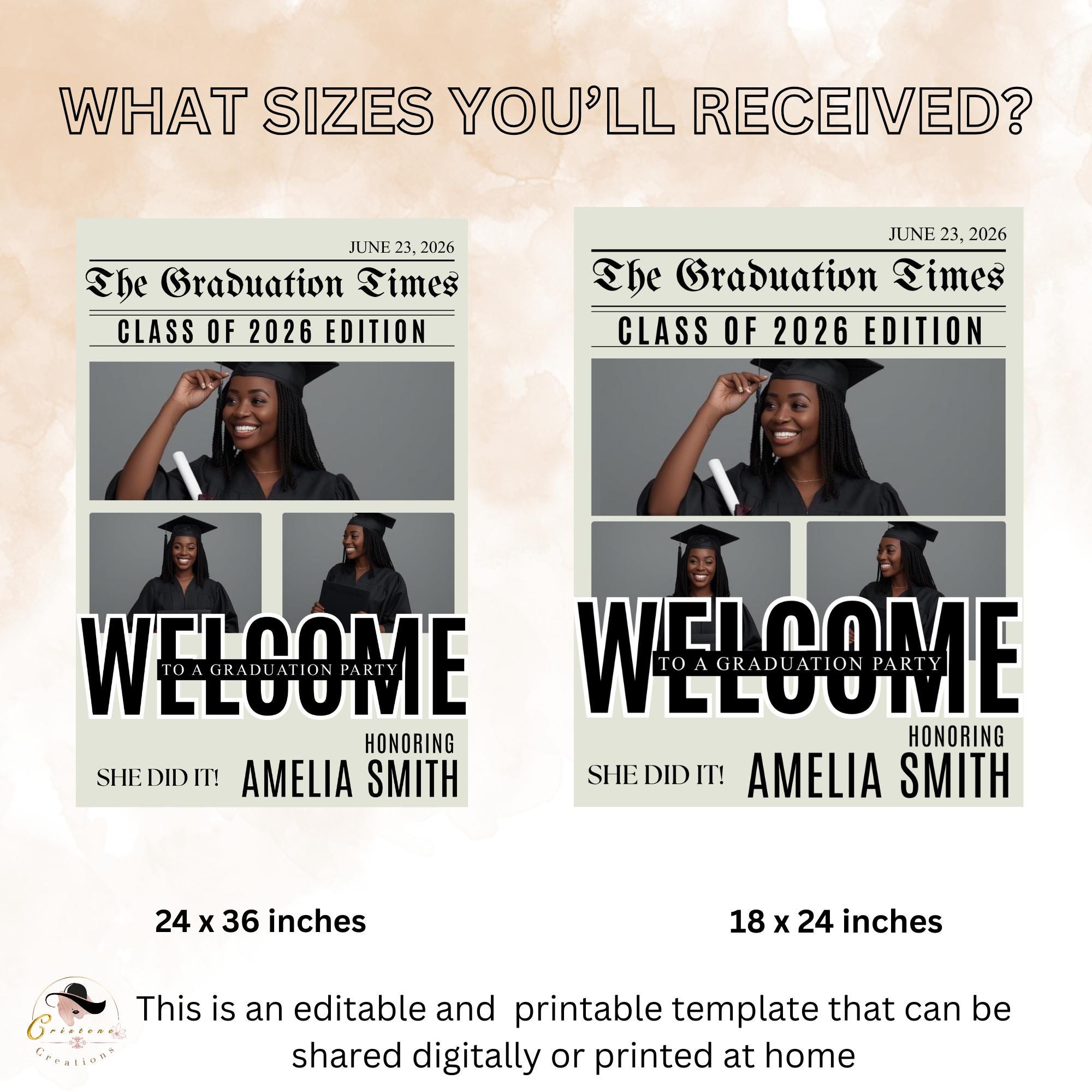 Newspaper Graduation Welcome Sign with photo, Senior Grad Party Announcement Poster Sign, University Graduates Board Sign Printable Template