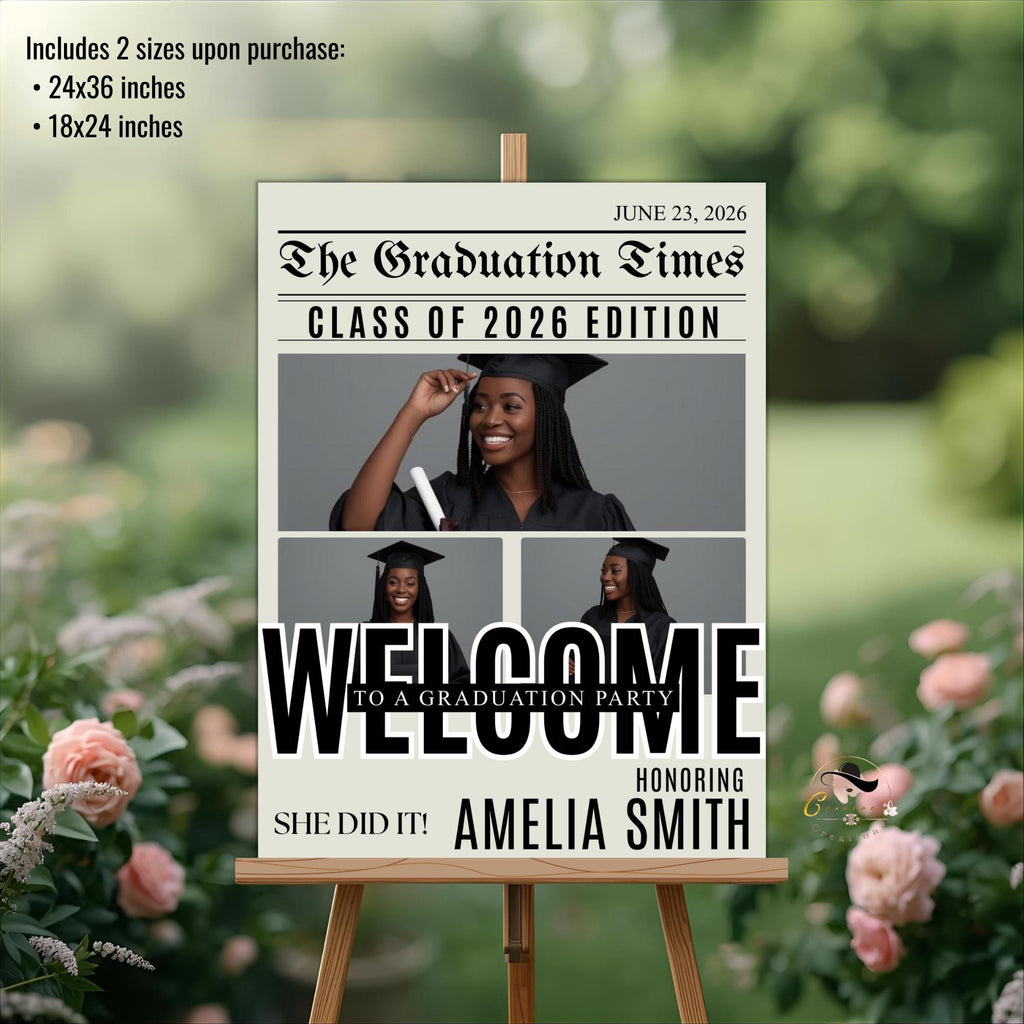 Newspaper Graduation Welcome Sign with photo, Senior Grad Party Announcement Poster Sign, University Graduates Board Sign Printable Template