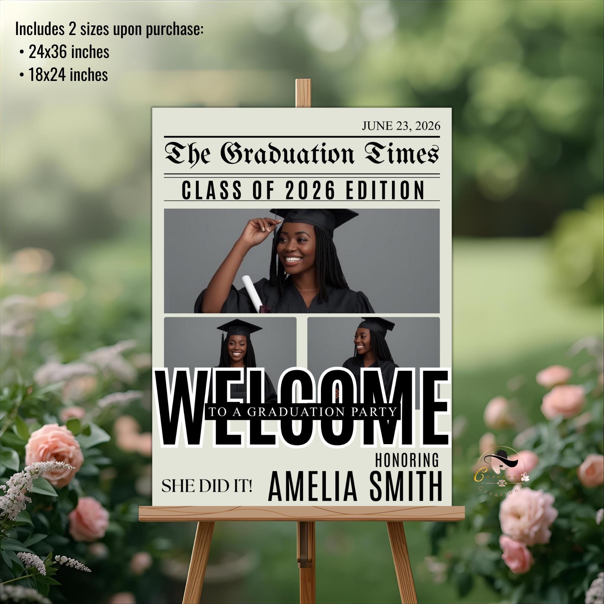 Newspaper Graduation Welcome Sign with photo, Senior Grad Party Announcement Poster Sign, University Graduates Board Sign Printable Template