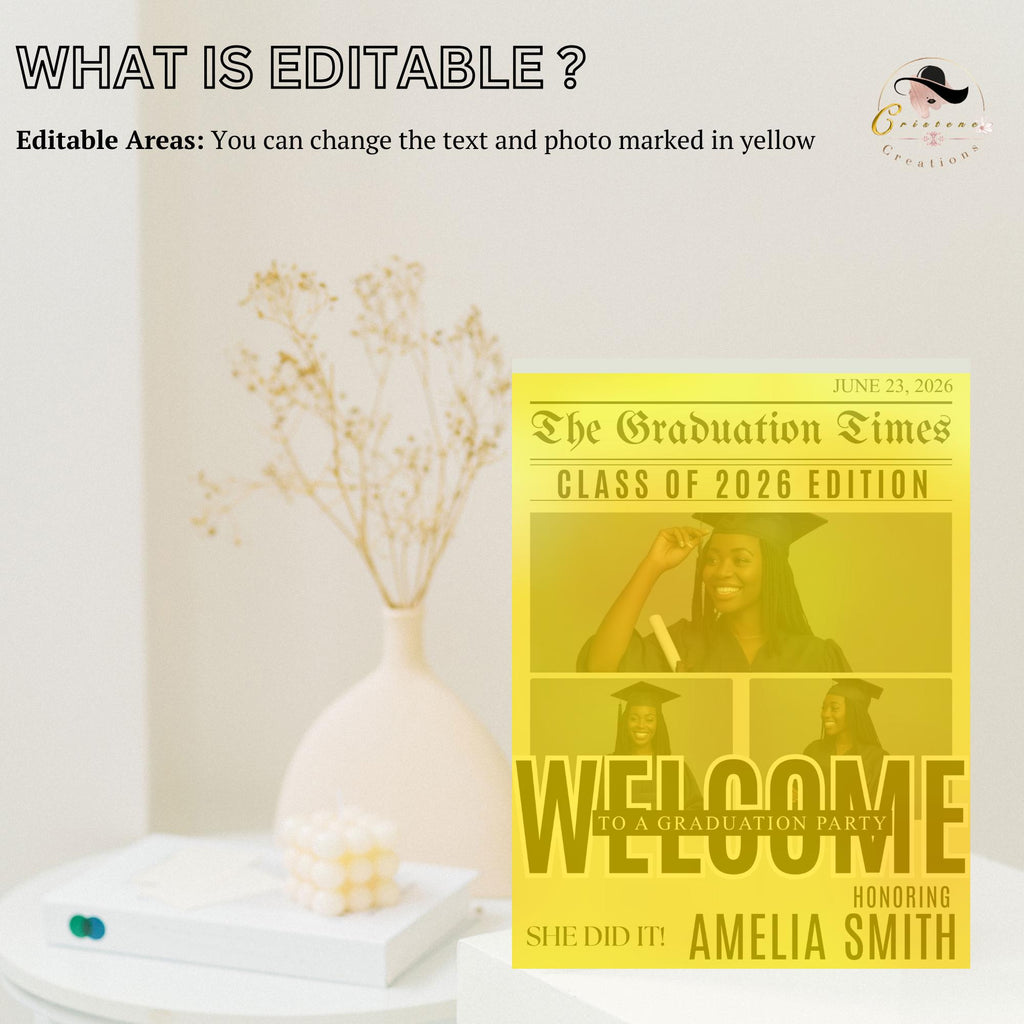 Newspaper Graduation Welcome Sign with photo, Senior Grad Party Announcement Poster Sign, University Graduates Board Sign Printable Template