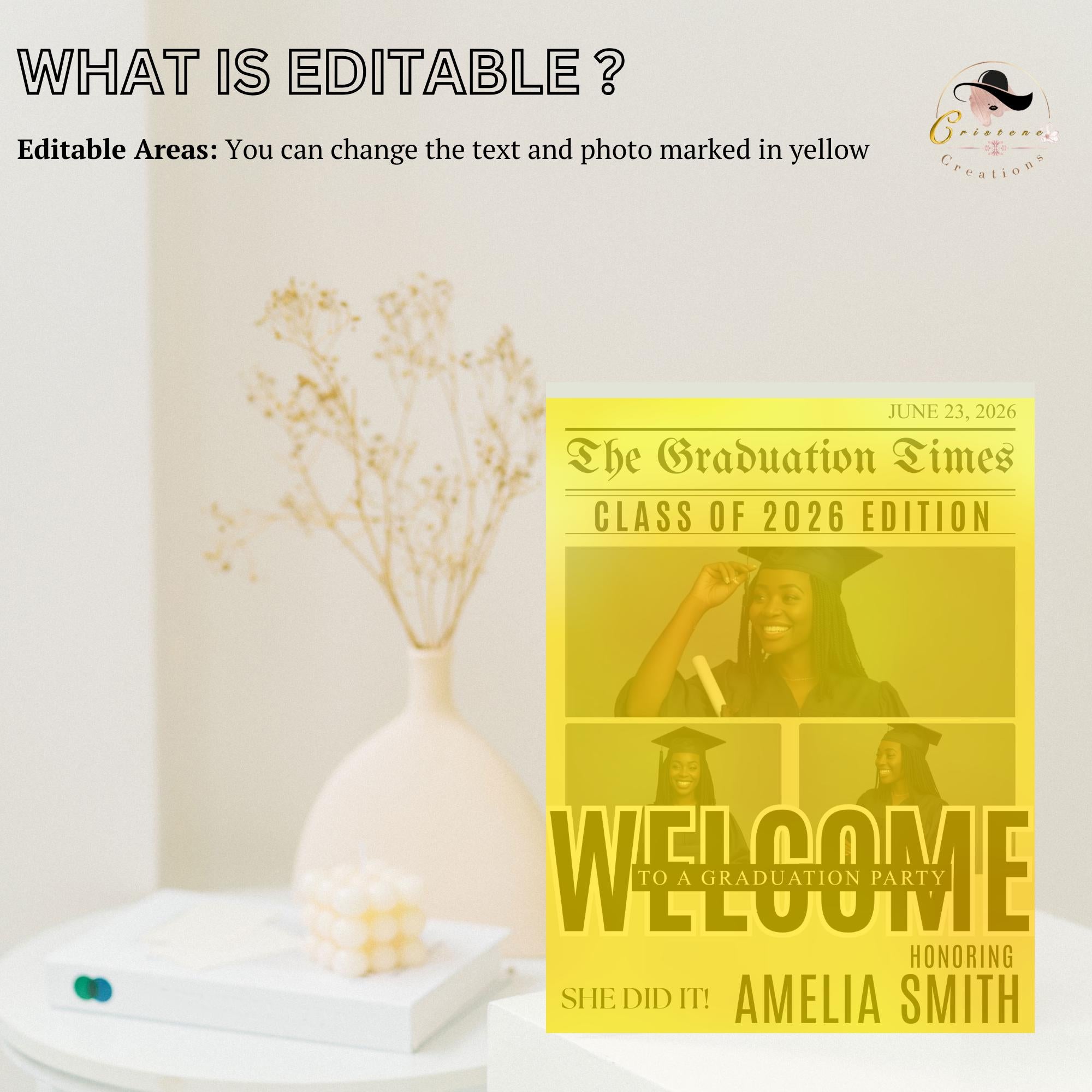 Newspaper Graduation Welcome Sign with photo, Senior Grad Party Announcement Poster Sign, University Graduates Board Sign Printable Template