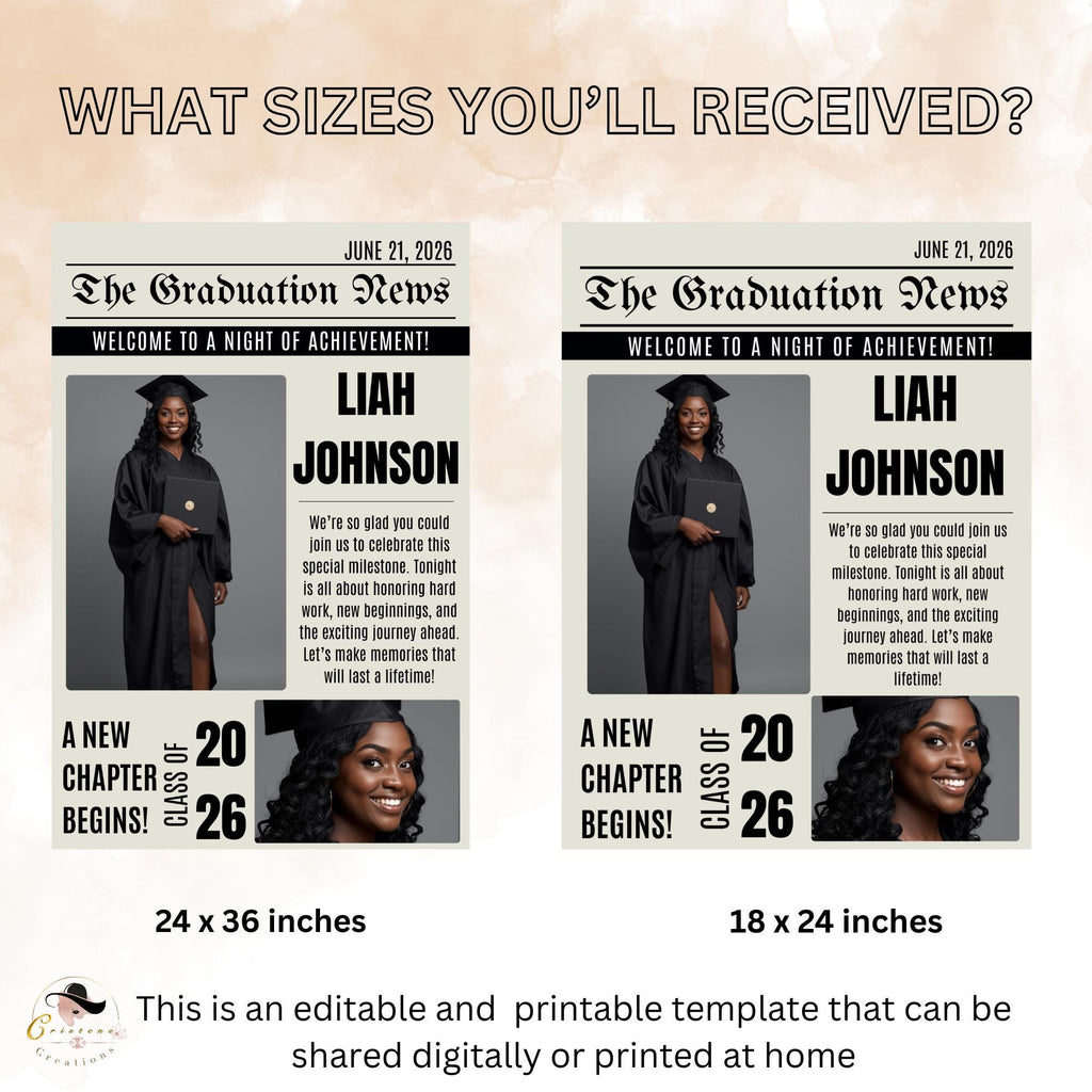 Newspaper Graduation Party Welcome Sign with photo, Senior Grad Announcement Poster Sign, Class of 2026 Commencement Sign Printable Template